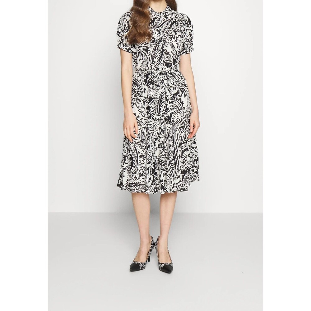 Lauren Ralph Lauren Paisley MIDI Dress Black Cream Size 14 Belted Button Up